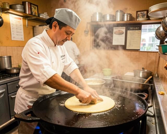 Chef spreading dosa batter on a hot griddle