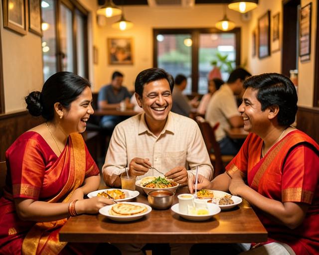 A family sharing a South Indian meal
