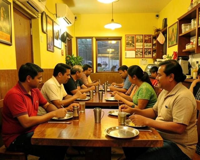 Guests dining in the warm cafe hall
